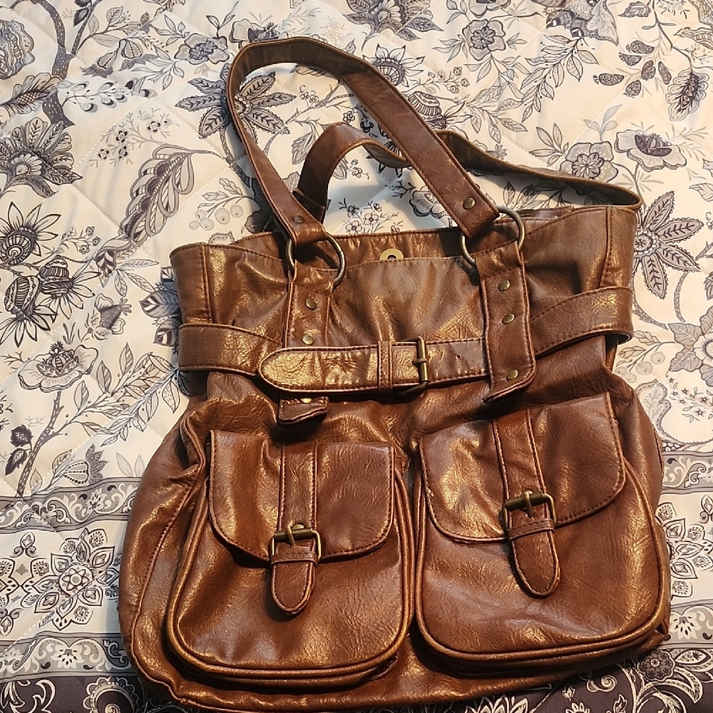 DSW Brown Faux Leather Shoulder Tote with Front Buckle Pockets